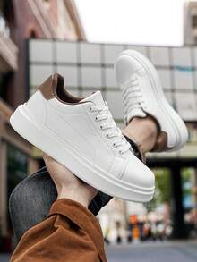 男士经典黑白拼色系带休闲运动鞋，小众时尚字母印花舒适厚底运动鞋，情侣鞋