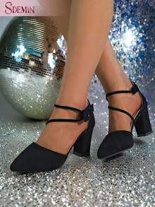 SDEMIN 女士新款高跟凉鞋，黑色华丽夏季尖头高跟鞋，秋季优雅女士粗跟办公包头鞋 - 黑色 - 查看 5