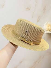 Women's Fashionable English Style Flat Top Straw Hat With Rhinestone R Letter And Leather Strap Decoration, Summer Outdoor Travel Sun Hat - Khaki - View 5