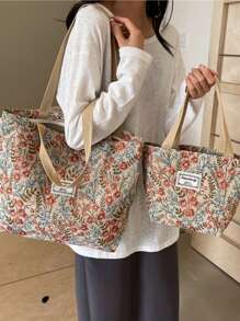 1pc Floral Print Canvas Tote Shoulder Bag, Portable Storage Commuter Bag Student Large Capacity Tote Bag, Embroidered Flower Shoulder Bag, Waterproof Canvas Travel Shoulder Bag, Suitable For Office, School, Travel, Mothers Going Out To Class Commuting Large Capacity, Portable, Suitable For Female College Students, Very Suitable For Back To School, First Day Of School, Middle School, High School, Shopping, Vacation