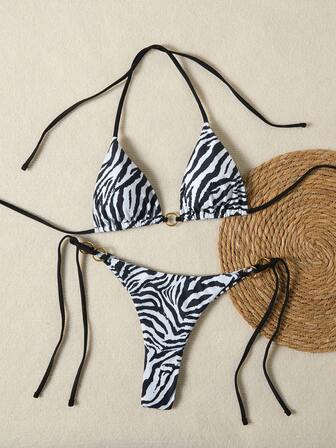Zebra Print Allover Triangle Bikini With Keyhole & Drawstring, Cute & Sweet, Fashionable & Sexy Swimwear For Summer Beach Vacation