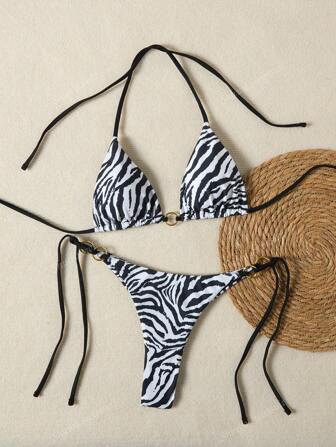 Bikini triangular con estampado de cebra por todas partes, con ojal y cordón, traje de baño lindo, dulce, de moda y sexy para verano y vacaciones en la playa
