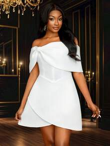 Vestido de dama de honor sexy con hombros descubiertos, lazo, corte evasé y asimétrico, color blanco, para fiesta nupcial, boda, graduación, novia