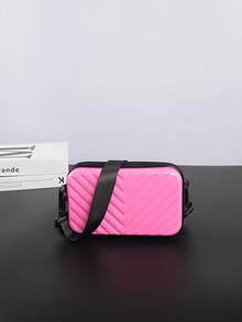 Mini Rhombus Pattern PVC Water-Resistant Hard Shell Shoulder Bag, Casual & Versatile For Men School Supplies - Hot Pink - View 9