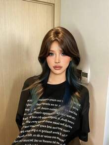 1 Piece Of Dyed Blue Synthetic Heat-Resistant Curly Hair, 24 Inches Long, Made Of Fiber, Suitable For Daily Use, Natural And Realistic Wig. - Blue Highlight - View 3