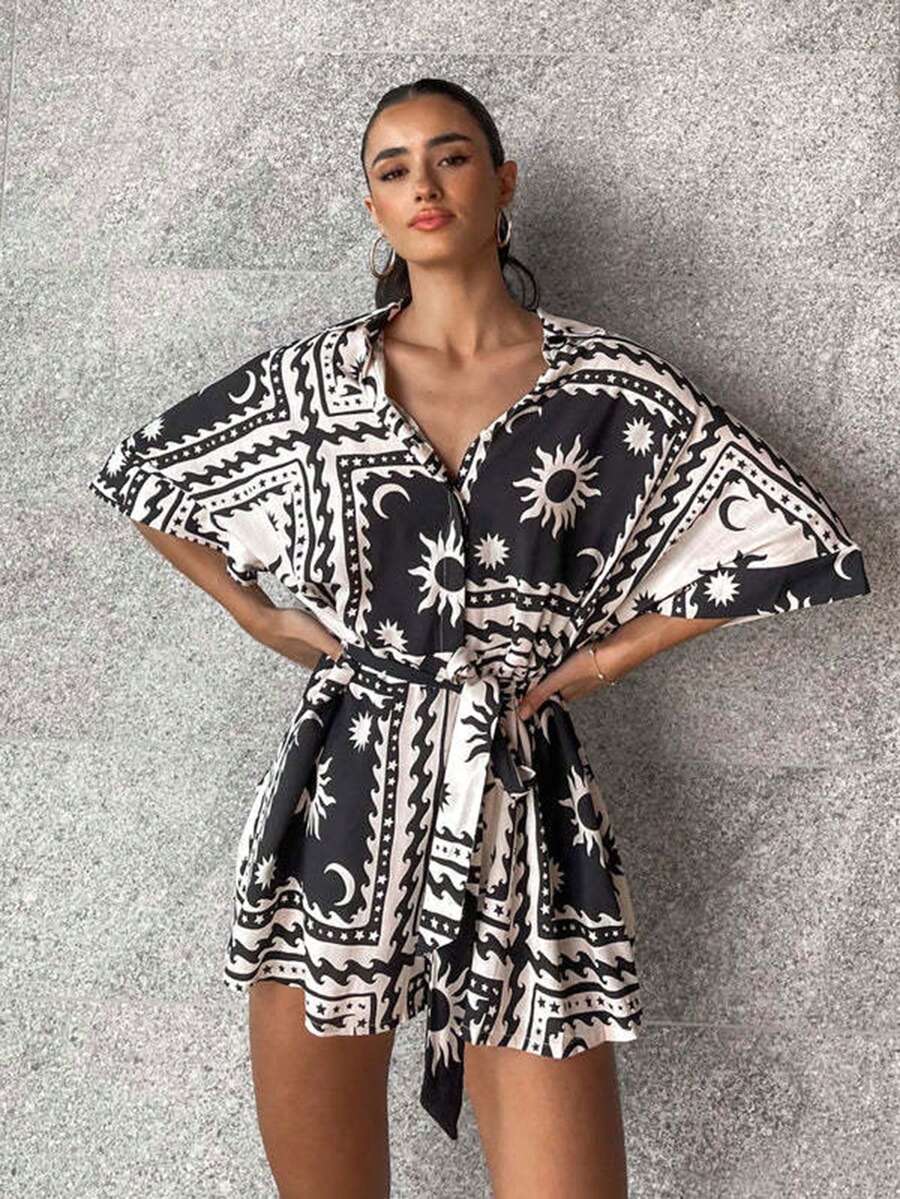 Modischer Taillen-raffender geknüpfter geometrischer Muster sexy Jumpsuit - Schwarz - Übersicht 1