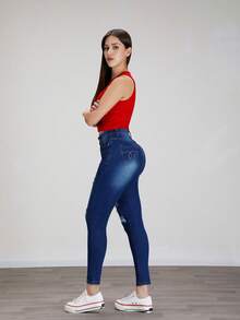 Pantalón Slim Fit Azul de Mezclilla Suave con Cintura Alta, Botones Metálicos y Diseño de Bolsillos con Efecto Trasero Levanta Glúteos - Azul 2309guion2 - Ver 7