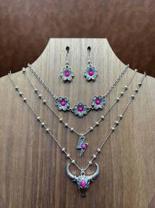 1 Set Fashion Retro Bohemian Style Zinc Alloy Flower/Lightning/Cow Head 3-Layer Pendant Necklace That Can Be Matched Freely, Flower Earrings Pendant, Suitable For Women/Girls To Match Daily Clothes, Party Accessories, Jewelry Gift For Family/Friends/Yourself