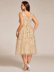 EVERPRETTY Vestido de dama de honor de tul con apliques elegante, adecuado para bodas, bailes, galas, ocasiones formales, fiestas, vestidos de noche - Dorado - Ver 2