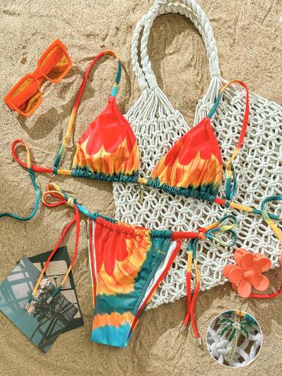 2pcs/Set Women Sunset Gradient Floral Print Adjustable Strap Bikini Top And Sexy Low Waist Thong Bottoms, Summer Beach Vacation Swimsuit