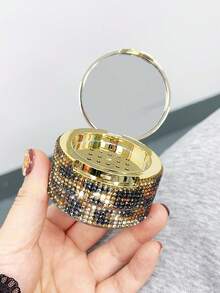 1pc Round Gold Leopard Print Refillable Travel Makeup Mirror & Powder Puff, Fits 6g - Multicolor - View 2