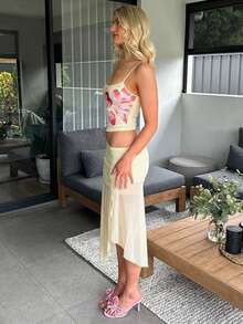 Vacation Floral Print Butter Yellow Mesh Skirts Sets Slim Fit Elegant Women Sexy Semi-Perspective Two Pieces Sets Fairycore Spring Summer Suits - Yellow - View 5