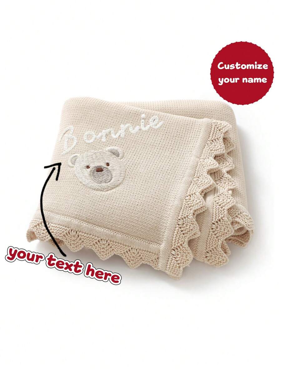 Customizable Name Embroidered Knitted Blanket With Cute Bear Design, Swaddle For Infant Newborn Baby Children All Season Custom Made Multi-Functional, Baby Shower Gift - Khaki - View 1