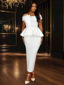 Vestido blanco plisado con volantes de hombro caído, elegante y largo, para fiesta de boda, ducha nupcial, graduación o novia