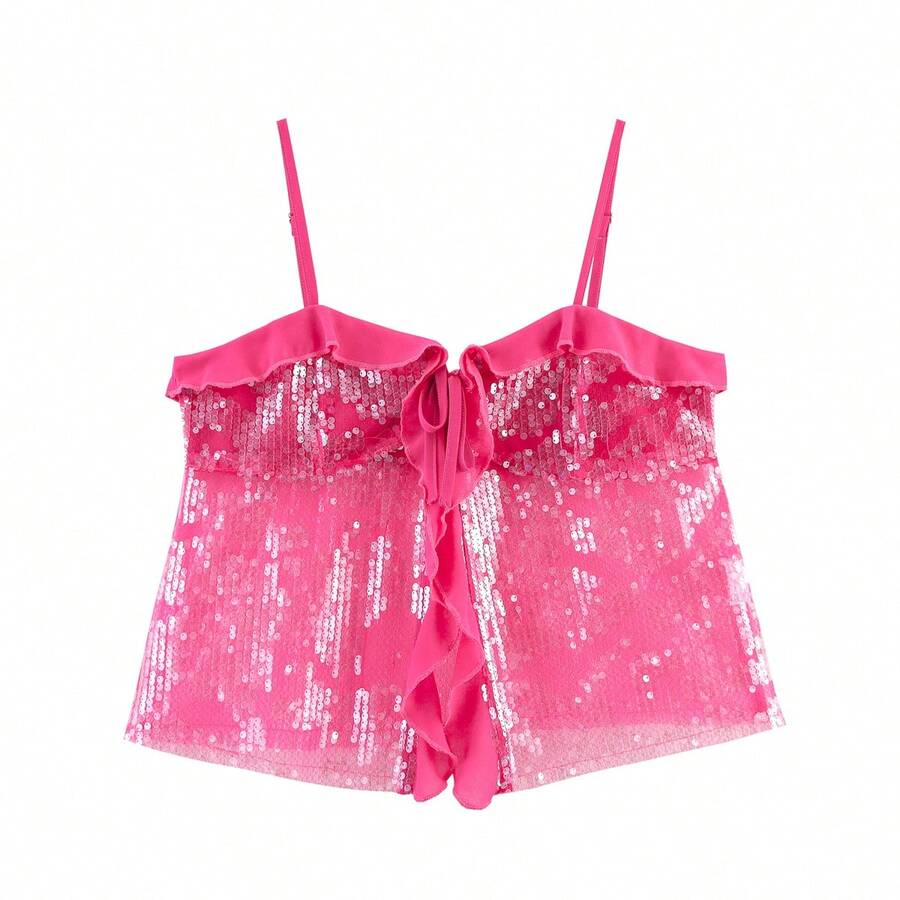 ZEVITY Women Sequin Patchwork Camisole Tank Top 2501 - Hot Pink - View 1