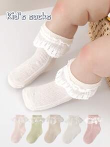 1 Pair Girls Spring/Summer Mesh Lace Edge Socks, Baby Candy-Color Princess Dopamine Lolita Mid-Calf Socks - Multicolor - View 1