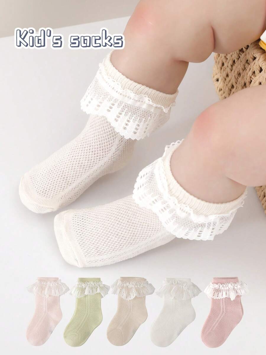1 Pair Girls Spring/Summer Mesh Lace Edge Socks, Baby Candy-Color Princess Dopamine Lolita Mid-Calf Socks - Multicolor - View 1