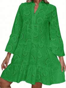 女士时尚休闲镂空蕾丝边前开宽松长袖连衣裙 - 綠色 - 查看 4