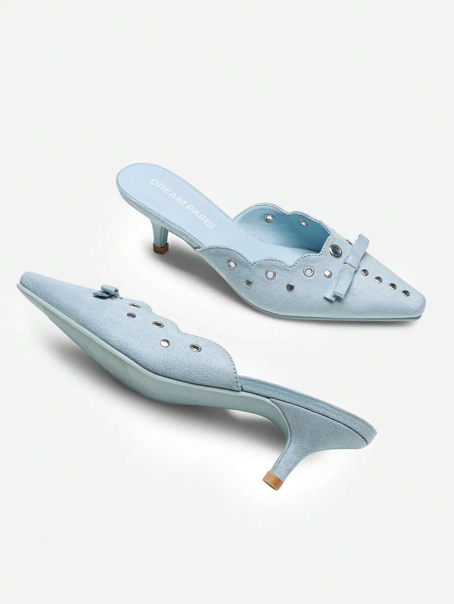 Women's Pointed Toe Kitten Heel Mules Slip-On Bowknot Fashionable Elegant Pumps Party Party Sexy Chic Stiletto Shoes - 藍色 - 查看 1