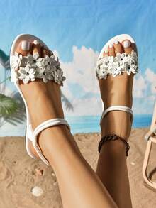 Plus Size Women Embroidered Comfortable Elastic Band Flat Sandals,Summer Outfits - White - View 7