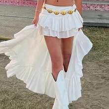 Women Y2K Lace Skirt Elastic Band Waist Pleated Ruffle Flowy Short Skirts Irregular Layered Flowy Asymmetrical Fairy Midi Skirt - trắng - Xem 1