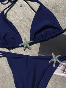 New Sexy Solid Turquoise Starfish Women's Bikini Swimsuit, Suitable For Beach, Vacation, Party, Date In Spring/Summer - Blue - View 1