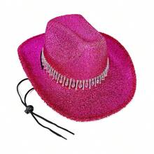 Women's Cowgirl Hat Stylish Rhinestone Design Sun Hat Wide Brim Western Cap For Party Daily Life - Hot Pink - View 8