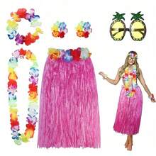 6pcs 40/60cm Hawaiian Hula Skirt With Garland Necklace Bracelet Headband And Pineapple Sunglasses Set, Adult Hawaiian Hula Skirt Suitable Luau Party Dance Outfit, Tropical Beach Birthday Wedding Party Decoration,Babyshower Decor(Pink) - Pink - View 2
