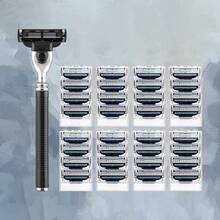 男女适用黑色长柄剃须刀，3 层刀片替换装，适用于胡须和身体，兼容 Mach3，手动面部和身体脱毛套装，优质不锈钢手柄手动剃须刀