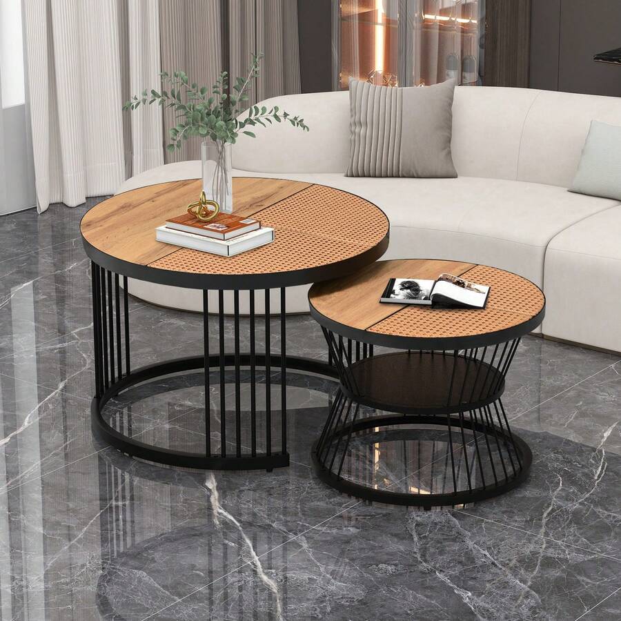 Coffee Table Set Of 2 With Rattan Look, Round, Gold Frame, Stable Design, Practical Storage Space In The Small Table