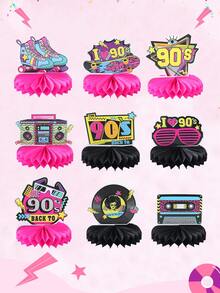 9 Piezas Centros de mesa de panal con tema retro de rock de los 90, decoración de mesa nostálgica de papel con temática hip hop de 1990, decoración de tapa de mesa y accesorios para fotos para fiestas, decoración del hogar, fiesta de cumpleaños vintage, decoración de centro de mesa