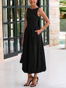 Women Summer Sleeveless Midi Dress Casual Patchwork Knit Tank Side Pockets Bubble Long Flowy Dress Spring Holiday Vacation Beach Going Out Valentine  Maxi Sundress - màu đen - Xem 4