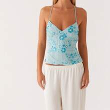 Women Y2K Sequin Cami Top Sexy V Neck Open Back Criss Cross Straps Tank Cute Sparkle Backless Low Cut Crop Tops Summer Basics Going Out Tops Streetwear - Màu xanh lam - Xem 3