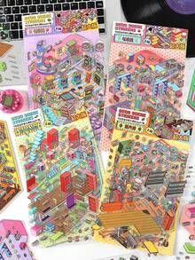 1 件/套韩国 3D 风景迷你房子剪贴簿 PET 贴纸，2.5D 哑光装饰贴纸，更大尺寸“营业中”系列 4 种设计：音乐工作室、电子竞技室、能量补充站、游戏中心、学校用品、返校 - 彩色 - 查看 10