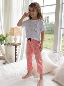 Set de 2 piezas de pijama de algodón ligero con estampado de gato lindo de manga corta y pantalón 3/4 para niñas para primavera/verano - Multicolor - Ver 3