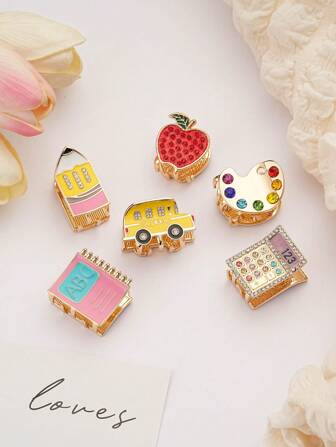 6pcs Zinc Alloy Tiny Sweet & Cute Painting, Book, Apple, Pencil, Car, Computer Shape Hair Clips, Suitable For Performance, Show, Party, Gathering, Street Hip-Hop Decorative Hairpins Summer