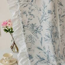 1pc Linen-Looking Blue Floral Print Curtain With White Ruffle Trim, Adjustable And Expandable Design, Adds Stylish Home Decor
