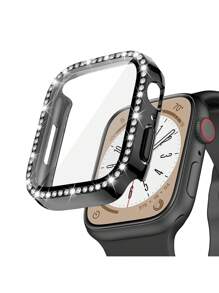 2pcs/Set Women Fashionable Soft Comfortable Adjustable Silicone Sport Watch Strap & Rhinestone Decor Anti-Fall 2 In 1 Ultra-Thin Tempered Glass Screen Protector Case, Compatible With Apple Watch Band 38/40/41/42/44/45/46/49mm, Compatible With Apple Watch Series Ultra/SE/10/9/8/7/6/5/4/3/2/1, Intelligent Watch Accessories