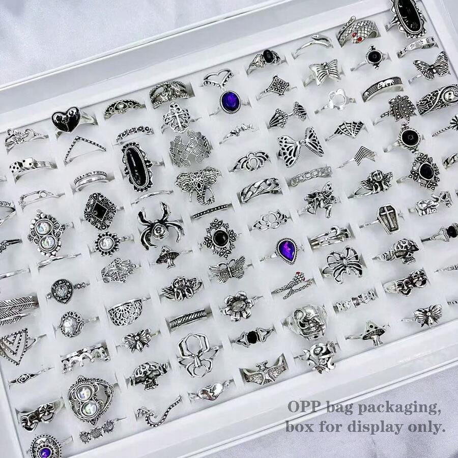 38pcs/Pack Retro Black Oxidized Alloy Punk Rock Assorted Ring Set For Women, Couple Rings For Party, Wedding, Daily Wear, Jewelry Accessories, Random Styles Delivered In OPP Bag
