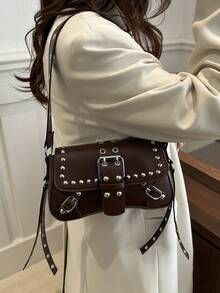 Sac à épaule de femme mode décoré de rivets, sac sous le bras, sac croissant, sac de motard avec boucle de ceinture - Café - Voir 3