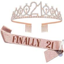 21st Birthday Sash & Rhinestone Tiara Set, 21st Year Old Birthday Gifts For Her Party Supplies Decorations For Women (Glitter Silver&Glitter Golden&Glitter Rose Golden)