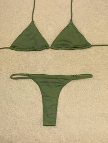 Bikini Set Thong With Ribbon And Triangle Top Made Of Micro Polyester Fiber - Olive Green - View 3
