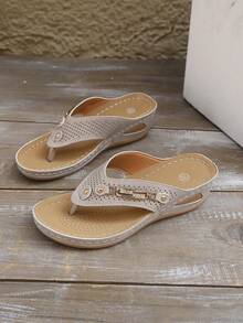 Women's Summer New Metal Decoration Beach Flip Flops, Platform Wedge Heel Comfortable Thong Sandals, Vintage Beach Creative Toepost Casual Open Toe Slippers, Fashion Transparent - Grey - View 2