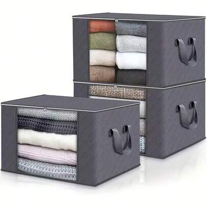 Fab Totes 2-Pack Clothes Storage, Foldable Blanket Storage Bags, Storage Containers For Organizing Bedroom, Closet, Clothing, Comforter, Organization And Storage With Lids And Handle, Grey