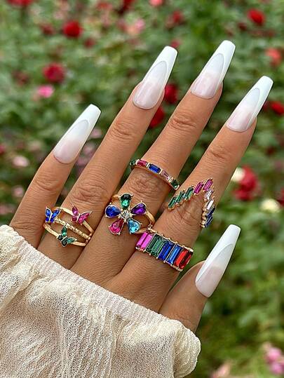 5pcs Fashionable Luxury Alloy Rings Set With Colored Rhinestones, Flowers, Butterflies & Geometric Shapes, Ideal For Women's Parties & Gifts Valentines,Mom,Mother,Mother's Day,Gift