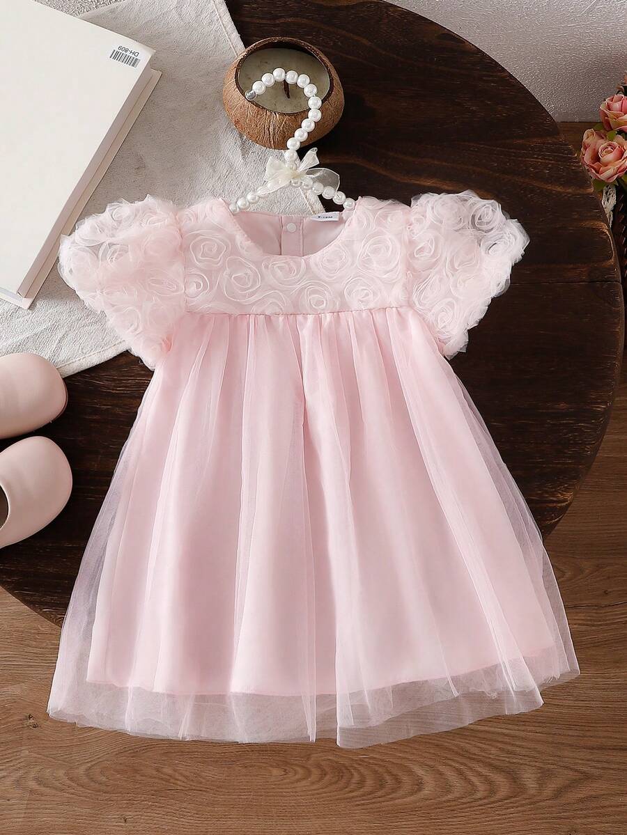 Baby GirlCasual Cute Sweet Floral Puff Sleeve Dress, Suitable For Outdoor Holiday Daily Wear, Summer - Pink - View 1