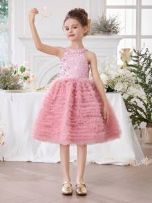 Young Girl Sparkly Mesh Pink Party Dress, Elegant Princess Cake Dress Suitable For Girls Birthday Gift, Banquet, Evening Gowns, Flower Girl, School Dance Dress, Party Celebration Formal Dress - Pink - View 7