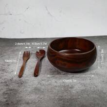 1 Wooden Bowl + 1 Spoon + 1 Fork Jujube Wood Handmade Round Wooden Bowl, Japanese Style Insulated Salad Bowl Set For Restaurant