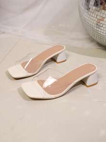 2025 Plus Size Women High Heel Clear Strap Chunky Heel Slide Sandals, Summer - Beige - View 2