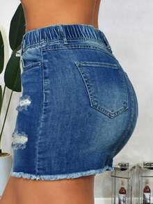 Women's Distressed Denim Skirt - Elastic Waist Mini Skirt With Drawstring & Raw Hem, Sexy Stretch Ripped Jean Skirt For Women, Mature Chic Raw Edge Denim Skirt - 中等水洗藍 - 查看 4